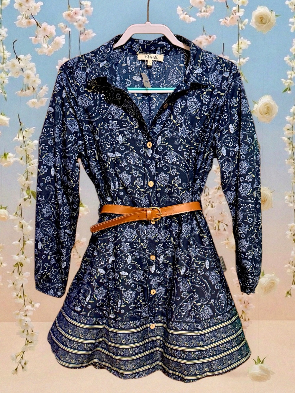 Blush NWT Navy Paisley & Floral Long Sleeve Shirt Dress w/Tan Belt size Large